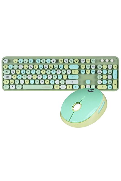 Everest Round Km-6282 Renkli Daktilo Tuşlu Yeşil Kablosuz Q Multimedia Klavye + Mouse Set