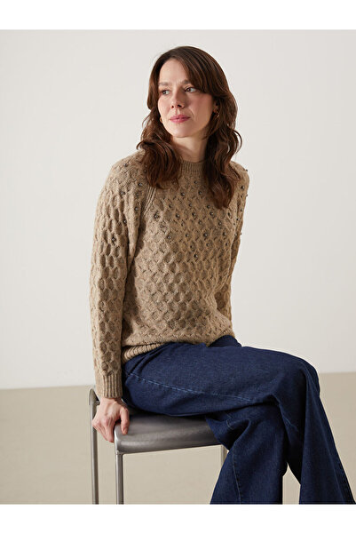 LC Waikiki Beige Crew Neck Beaded Women's Knitwear Sweater