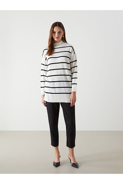 LC Waikiki Lcw Modest Stand Collar Striped Women's Knitwear Tunic