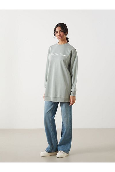 LC Waikiki Lcw Modest Crew Neck Printed Oversize Women's Sweatshirt Tunik