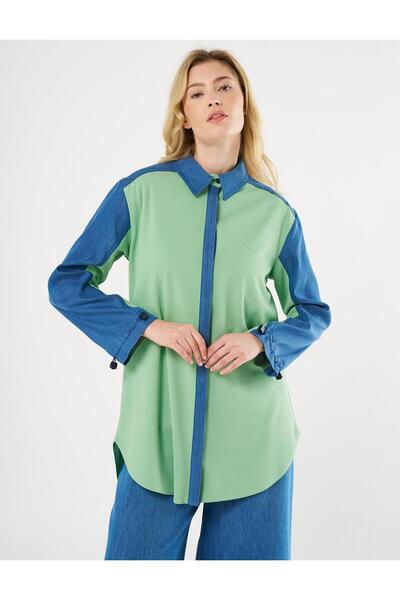 Kayra Denim Garnili Gömlek Yaka Tunik Light Green