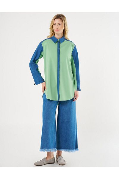 Kayra Denim Garnished Shirt Collar Tunic Light Green