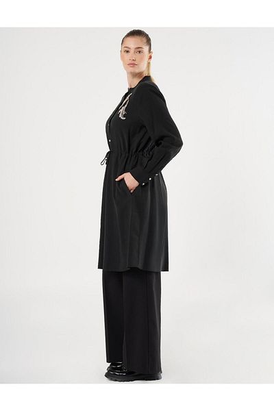 Kayra Black Long Tunic - Embroidery Applique and Waist Drawstring