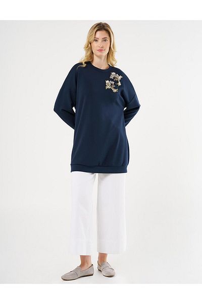 Kayra Κέντημα Κεντημένο Φούτερ Scuba Σκούρο Navy Blue