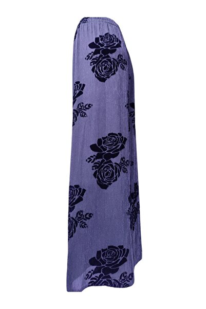 modayiğit Siyah gül desenli petrol yeşili beli lastikli uzun kadın kadife ete...