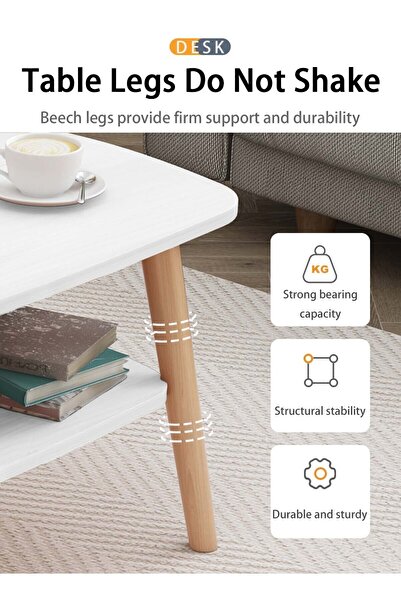 EqiEch Double Coffee Table, 2-Tier Storage Side Table for Living Room, 120x58x42cm