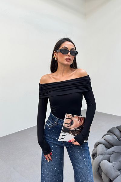 LACHT Bluză de damă neagră cu guler Madonna din poliamidă premium