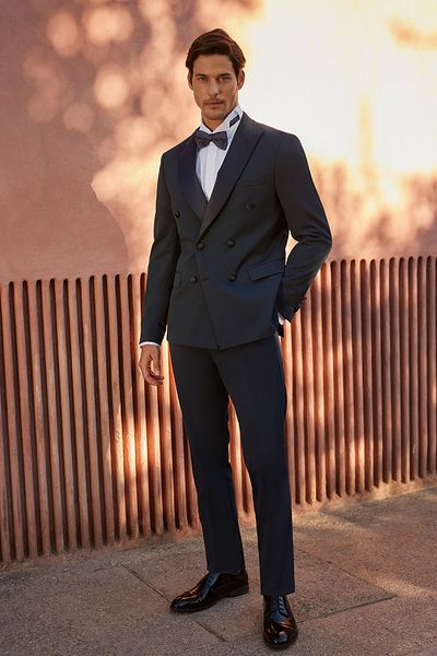 ALTINYILDIZ CLASSICS Men's Navy Blue Slim Fit Slim Fit Swallow Neck Patterned Double Breasted Tuxedo Suit
