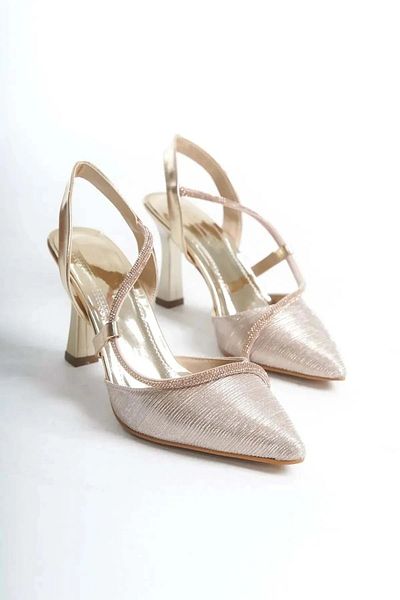 GUİZA Women's Gold Stone Detailed Heeled Shoes Open Back Spiral Evening Dress Shoes