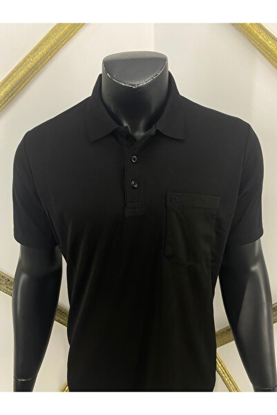 Sadık Collection Ercan Knitwear Men's Large Size Polo Neck Short Sleeve Pocketed Black Color T-Shirt 0170