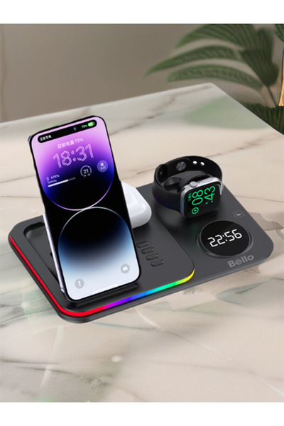 Tech&bello accessories 5in1 Telefon Saat Kulaklık Wireless Şarj Cihazı Rgb Işıklı Katlanabilir 30w A82