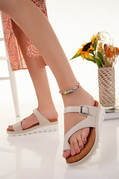 ALPODİ Orthopedic Women's Slippers - Soft Sole, Anatomical Flip Flops, White Beige Model Ald1000-0204