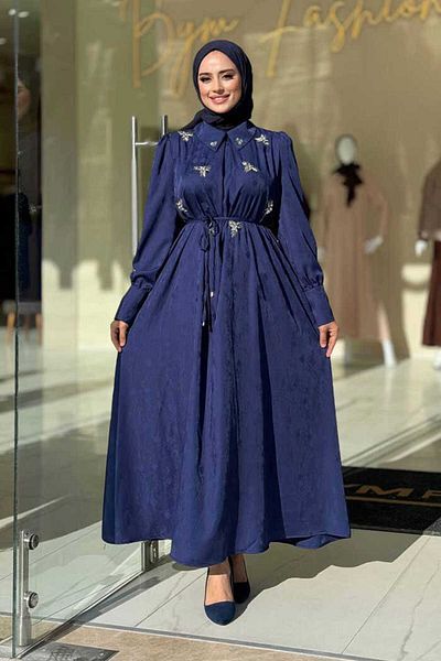 Bym Fashion Φόρεμα Jacquard με πέτρινη λεπτομέρεια 3924 Navy Blue