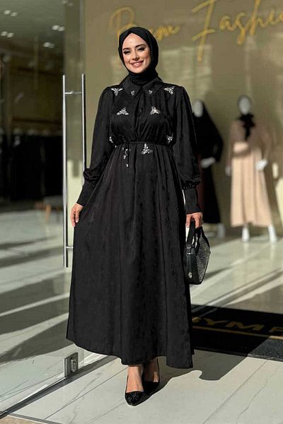 Bym Fashion Jacquard 3924 Black Dress - Stone Detail