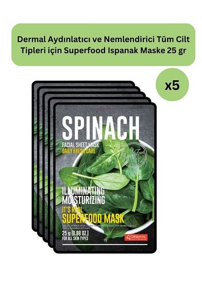Dermal Superfood Spinach Mask - Brightening and Moisturizing, for All Skin Types, X5 Pieces