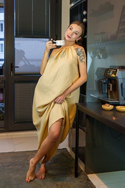 Jalapa Aster Kahverengi Müslin Uzun Gecelik