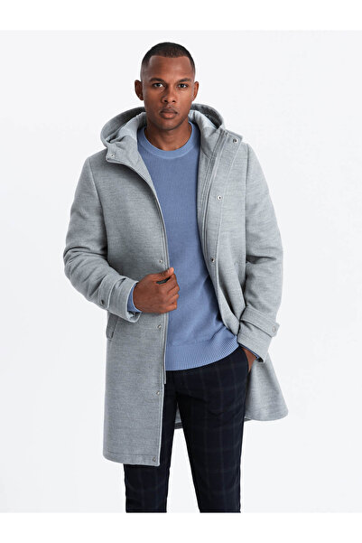OMBRE Jednobarevný dlouhý pánský kabát s kapucí - šedá melanž V1 OM-COWC-22FW-005 XL