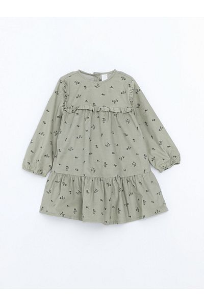 LC Waikiki Green Crew Neck Baby Girl Floral Velvet Dress
