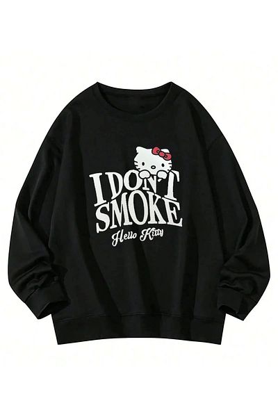 Violon Hello Kitty Don'T Smoke Printed Black Hoodless Oversize Sweatshirt