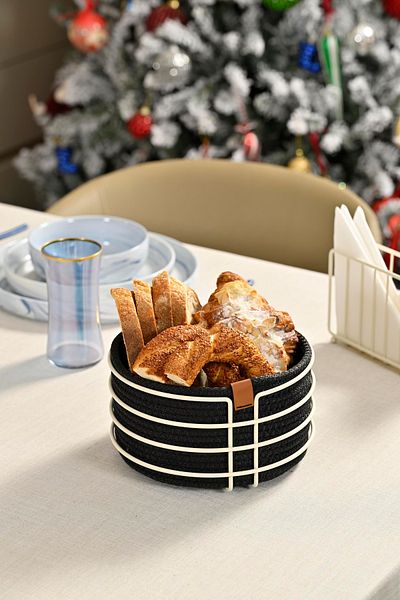 Edora Home Beige Round Bread Basket - Stylish Black Wicker, Macrame, Stainless Metal