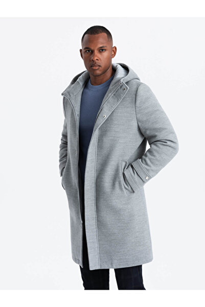 OMBRE Jednobarevný dlouhý pánský kabát s kapucí - šedá melanž V1 OM-COWC-22FW-005 XL