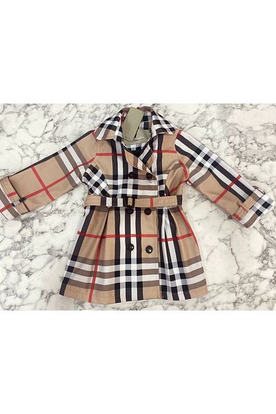 HÇ Hülya Çelik KİDSWEAR 2018 Girl's Checked Trench Coat Raincoat Waterproof Silk Satin Lined