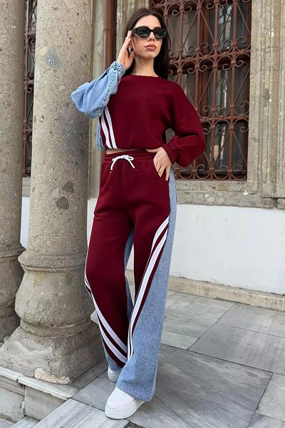 GÜLSELİ Burgundy Jeans Garnished Sweat Pants Double Set
