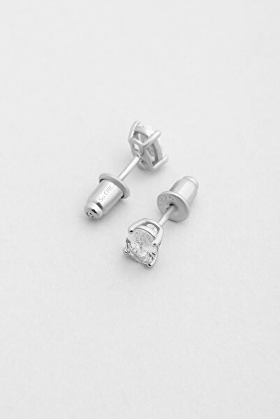 So CHIC... Oval Taşlı 18 Ayar Beyaz Altın Kaplama 6 Mm Gümüş Tektaş Küpe