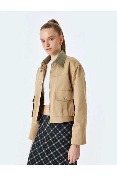 Koton Collar Detailed Zippered Pocket Long Sleeve Shacket