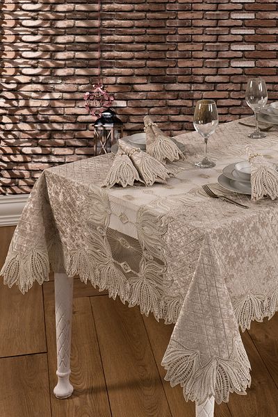 Evlen Home Collection Луксозна кадифена покривка за маса - дантела, дантелен кадифе, мека кухненска капучино, която може да се пере