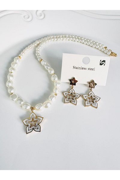 DEVİ fashion Steel Pearlescent Flower Necklace Earrings Pearl Suit (Valentine's Day Engagement Wedding)