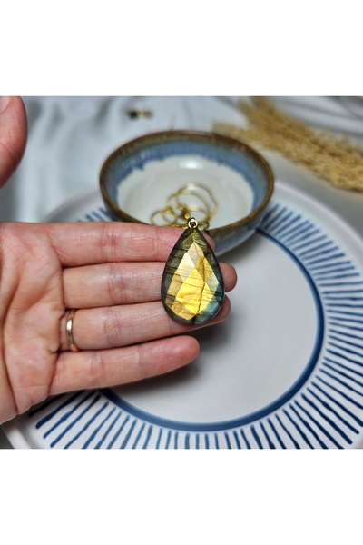 Singincraft Yüksek Kalite Faset Labrodit Doğal Taş Kolye - Çelik Zincir Ile -...