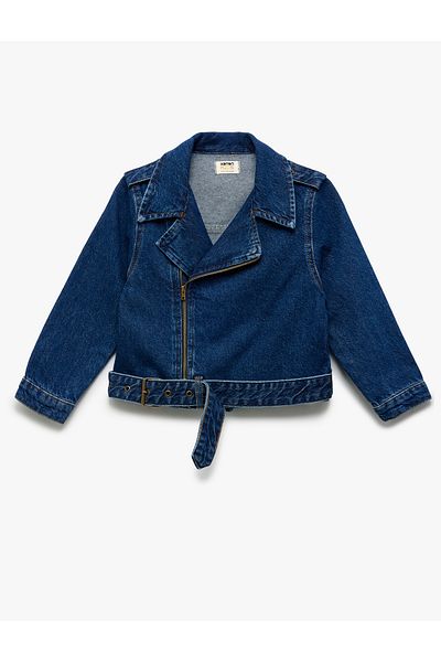Koton Jachetă din denim cu mânecă lungă din bumbac, cu fermoar, cu detaliu de curea