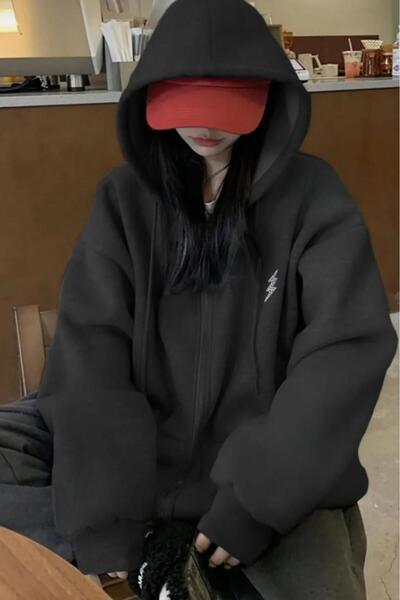 CAST COLLECTİON Women's Black Zippered Silvery Lightning Printed Cardigan Jacket