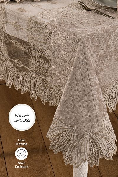 Evlen Home Collection Луксозна кадифена покривка за маса - дантела, дантелен кадифе, мека кухненска капучино, която може да се пере
