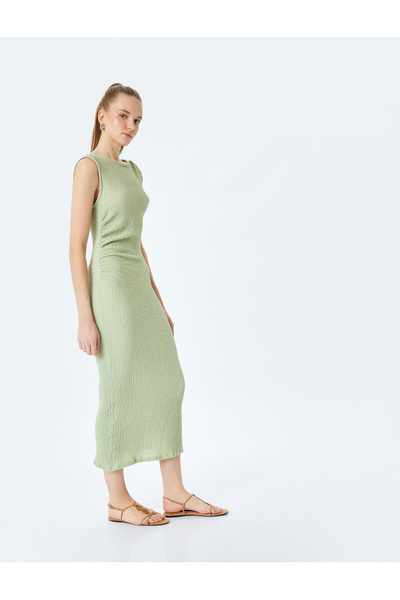 Koton Crew Neck Sleeveless Slim Fit Textured Draped Long Dress Wrap