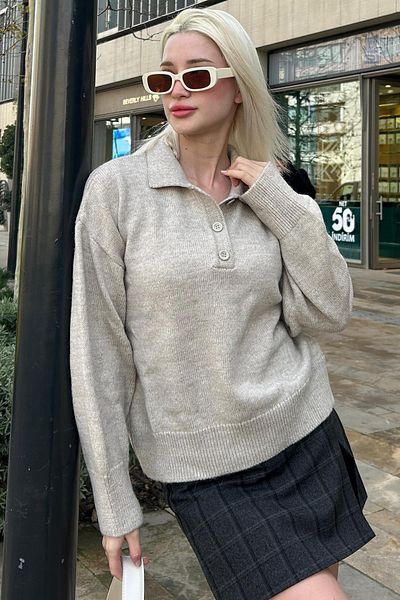 Madmext Pulover de damă cu guler polo cu nasturi bej Mg2307