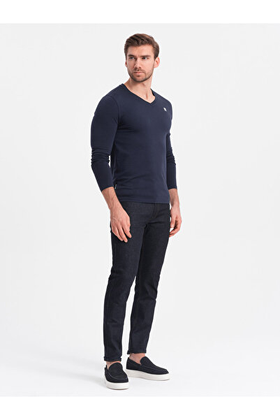 OMBRE Pánský typický elastanový dlouhý rukáv s výstřihem do V - tmavě modrá V2 OM-LSCL-0110 XL