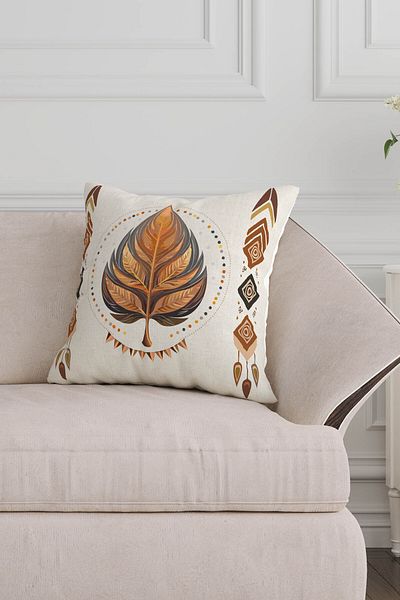 Sakallı Ethnic Bohemian Leaf Pattern Beige Διακοσμητικό κάλυμμα μαξιλαριού με ψηφιακή εκτύπωση