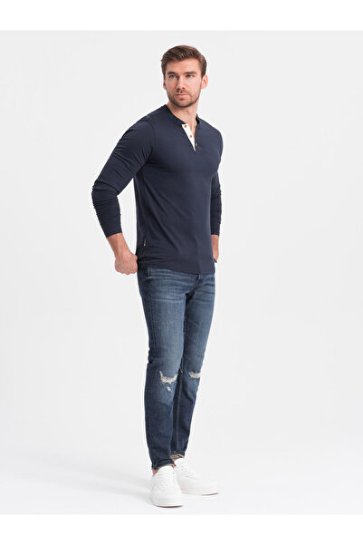 OMBRE Pánský dlouhý rukáv s knoflíky u výstřihu - tmavě modrá V3 OM-LSCL-0107 M