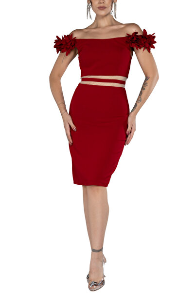 Arden Black Red Powder Midi Cocktail Dress - Bodycon Fit Homecoming Evening Dress 38-44