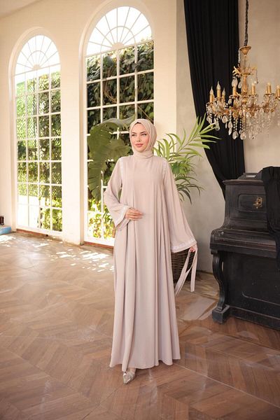 Nissra Ankanoor Beige Abaya Κέντημα με μανίκια Medina Silk Robe Anka 255060