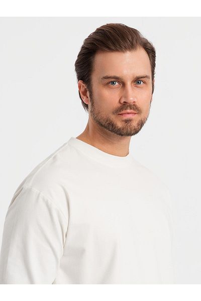 OMBRE Pánský bavlněný LOOSE FIT dlouhý rukáv s kulatým výstřihem - krémový V2 OM-LSBC-0129 L