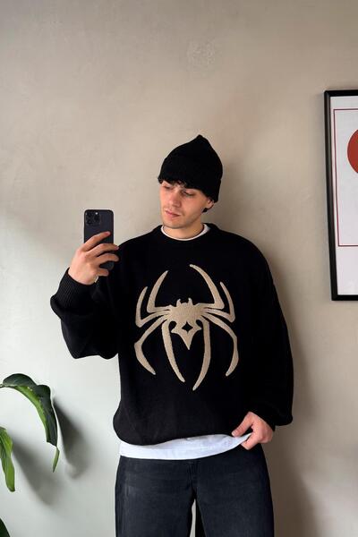 Flaw Wear Pulover guler rotund cu broderie păianjen negru