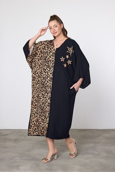 AYASOFYA OTANTIK Rochie cămașă leopard oversize cu stea neagră de damă
