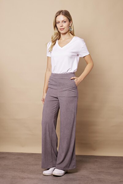 Jument Stretchy Soft Velvet - Γκρι Palazzo γυναικείο παντελόνι με ψηλόμεσο πλαϊνό τσέπες