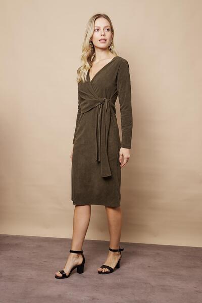 Jument Kadın Kadife Kumaş Kruvaze Anvelop Bağcıklı Uzun Kol Diz Altı Elbise-Haki
