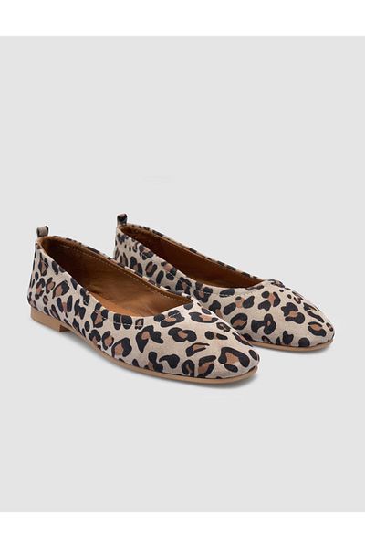 Cabani 100% Genuine Leather Leopard Beige Women's Ballerinas