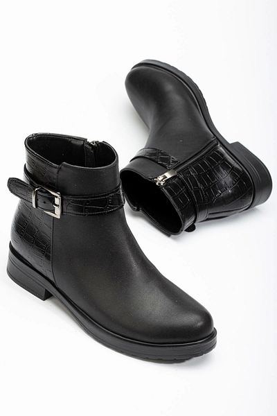 MarjinalTrendim Black Croco Buckle Accessory Zippered Casual Women's Boots