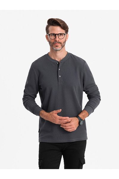 OMBRE Pánský vaflový úplet s výstřihem na knoflíky s dlouhým rukávem - grafit V3 OM-LSCL-0120 XXL
